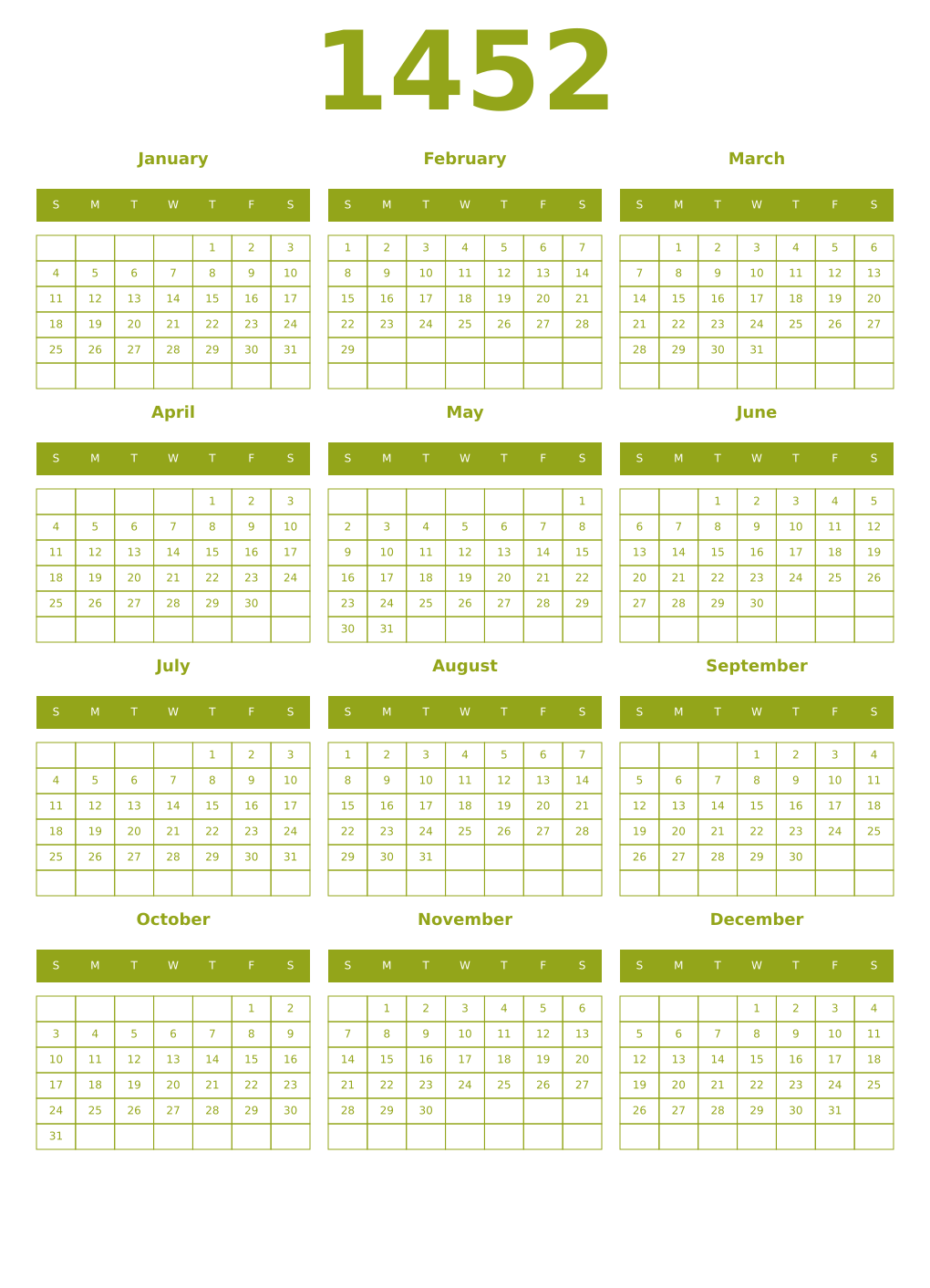 Printable 1452 Year Calendars chartreuse