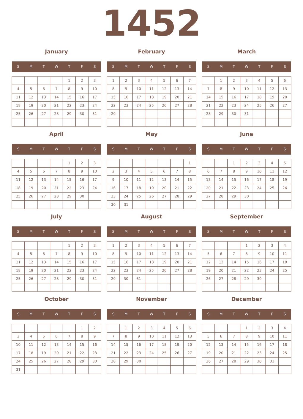 Printable 1452 Year Calendars coffe