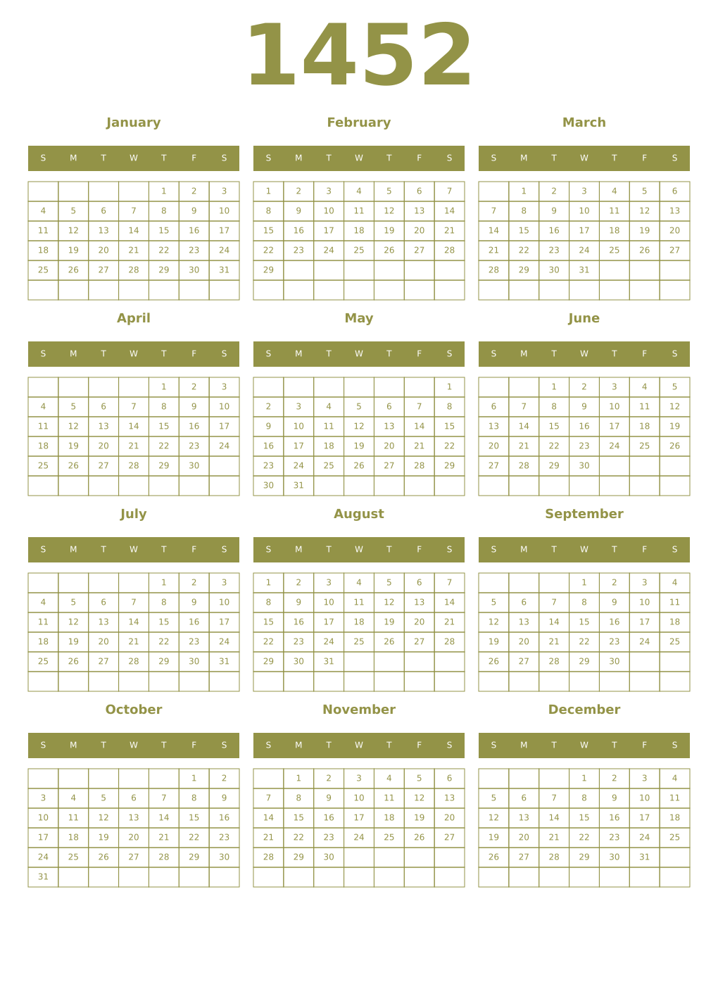 Printable 1452 Year Calendars eburnean