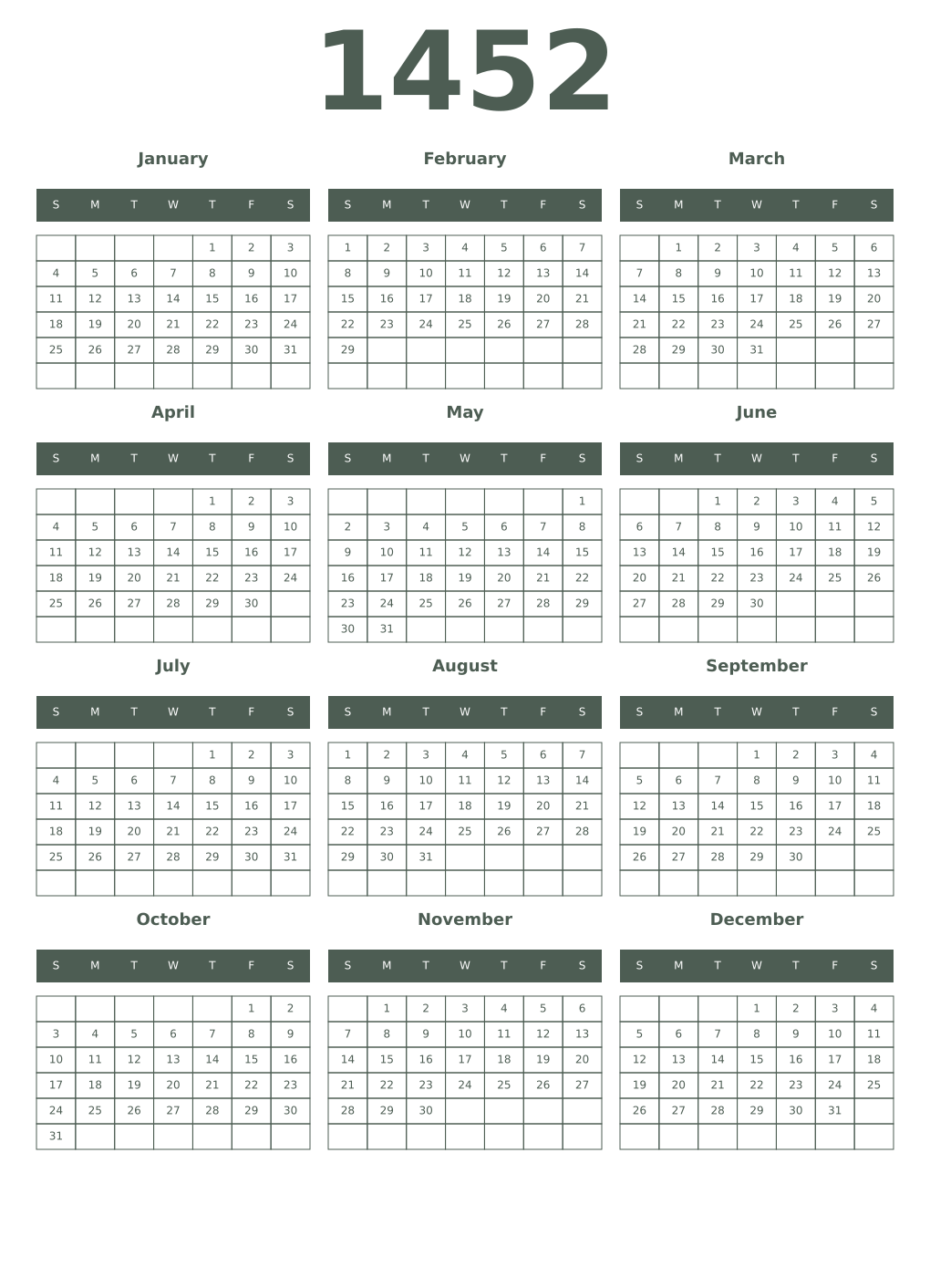 Printable 1452 Year Calendars feldgrau