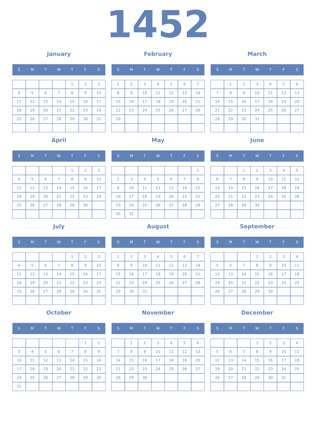 Printable 1452 Year Calendars glaucous