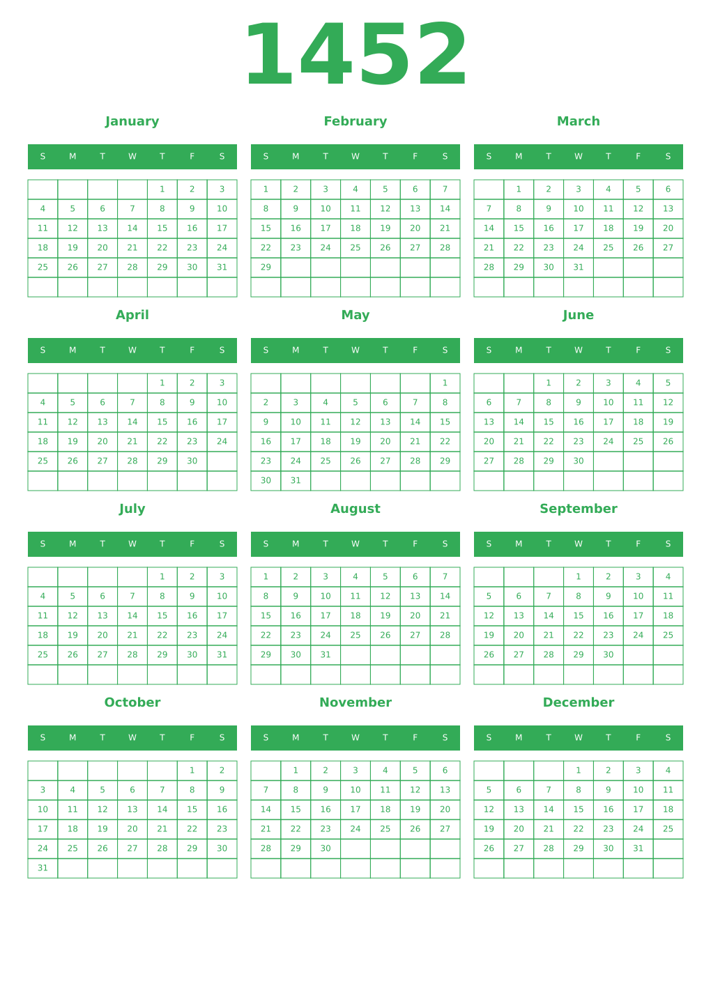 Printable 1452 Year Calendars green