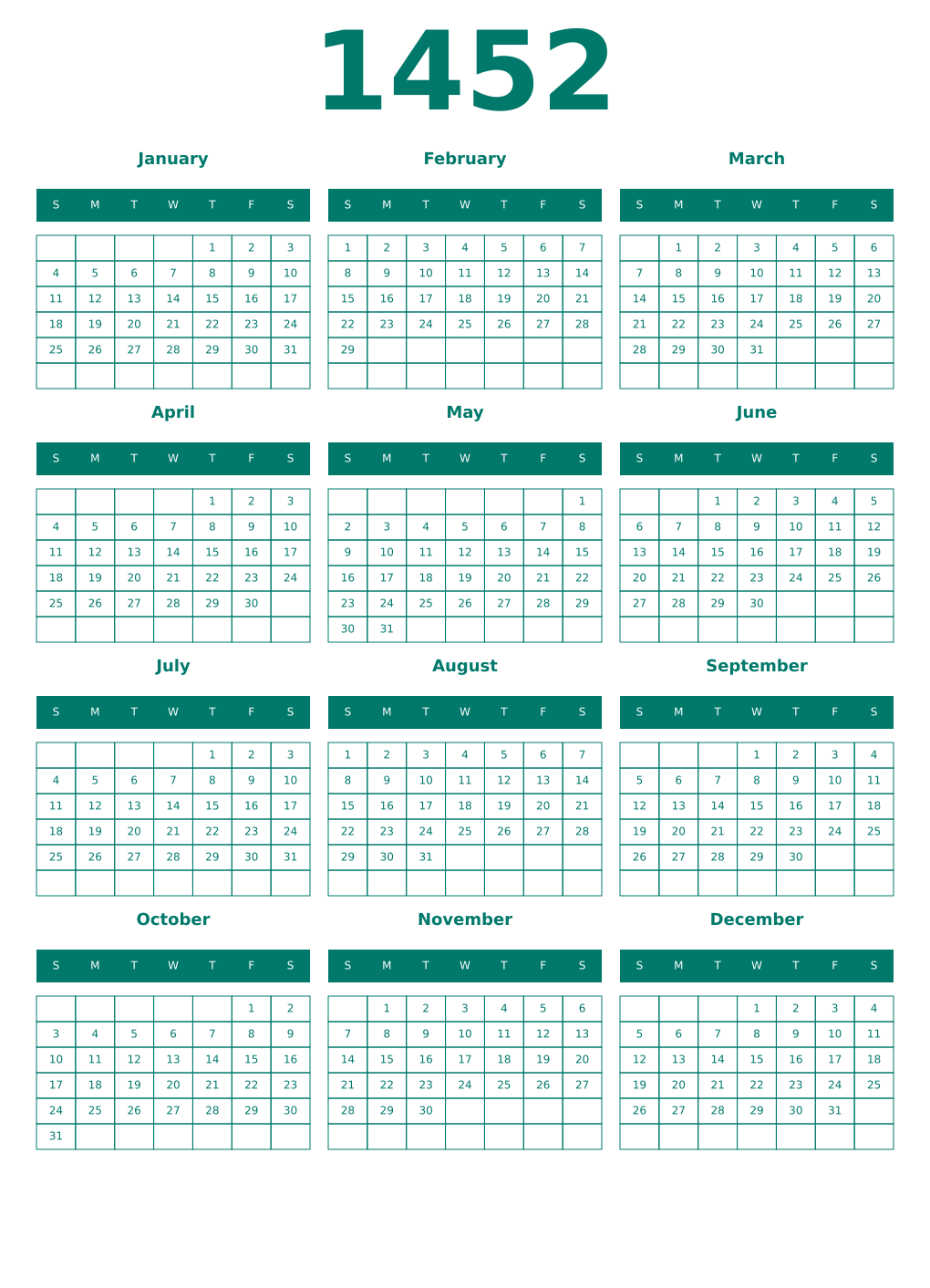 Printable 1452 Year Calendars pastel
