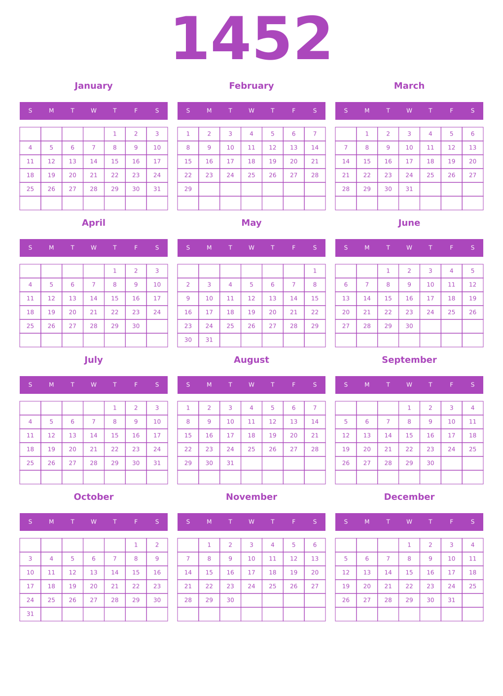 Printable 1452 Year Calendars purple