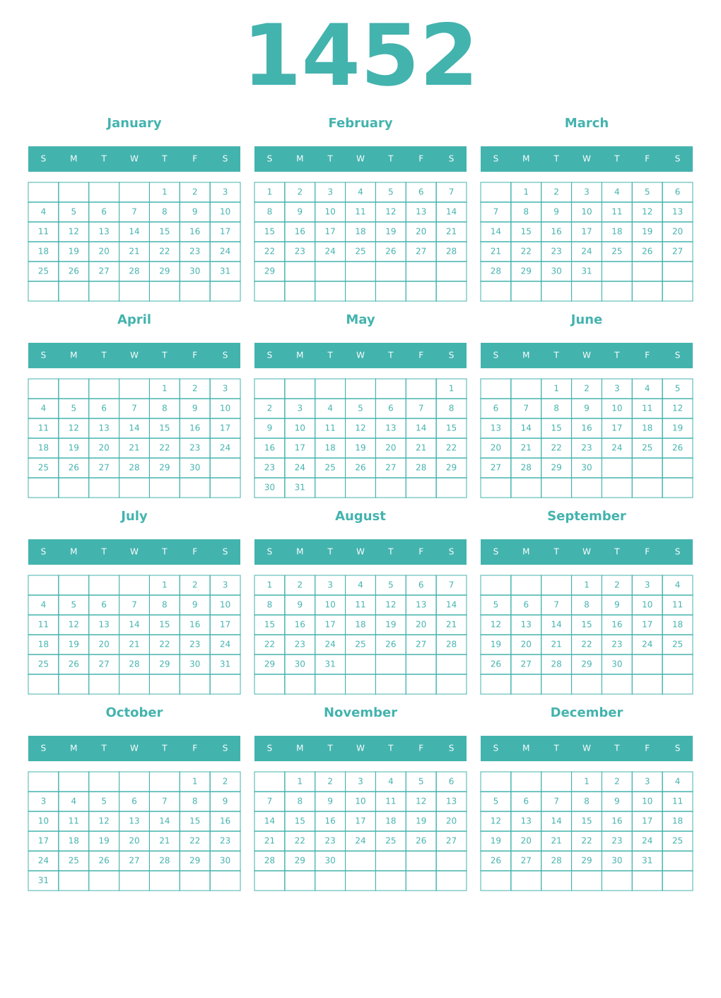 Printable 1452 Year Calendars verdigris