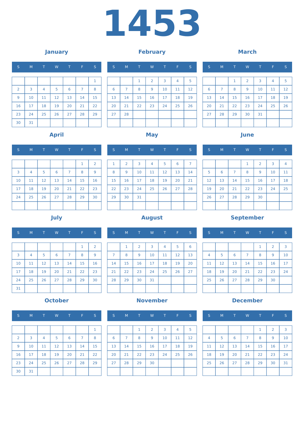 Printable 1453 Year Calendars blue