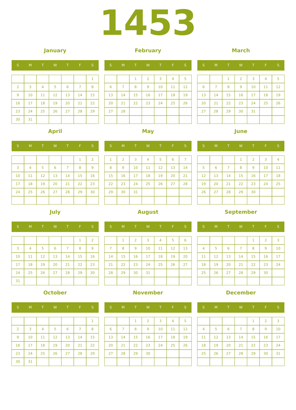 Printable 1453 Year Calendars chartreuse