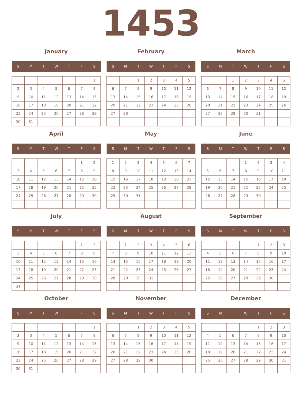 Printable 1453 Year Calendars coffe