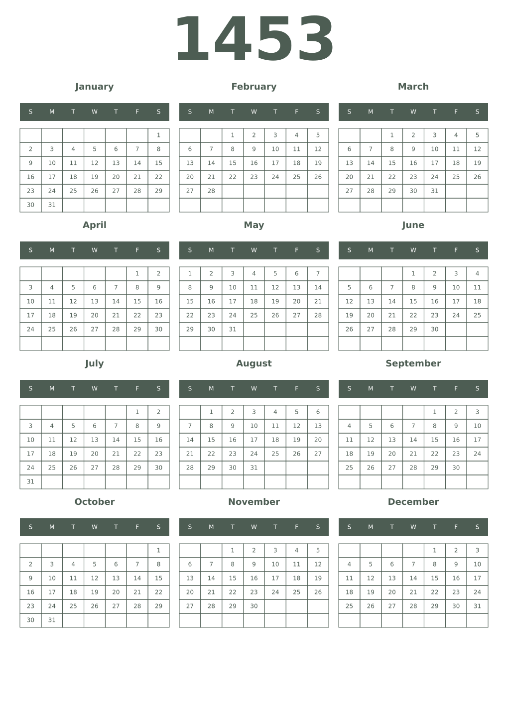Printable 1453 Year Calendars feldgrau