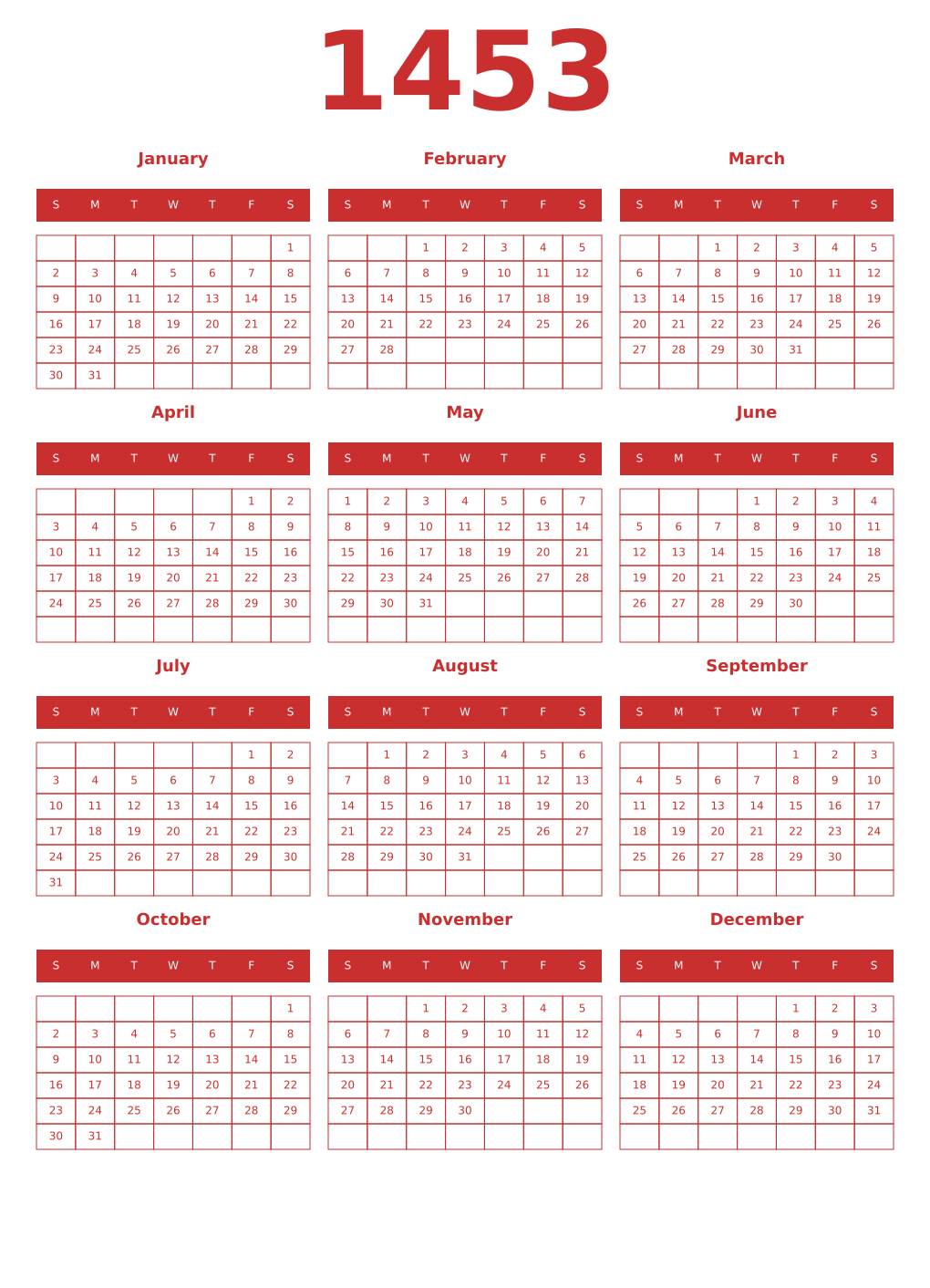 Printable 1453 Year Calendars red