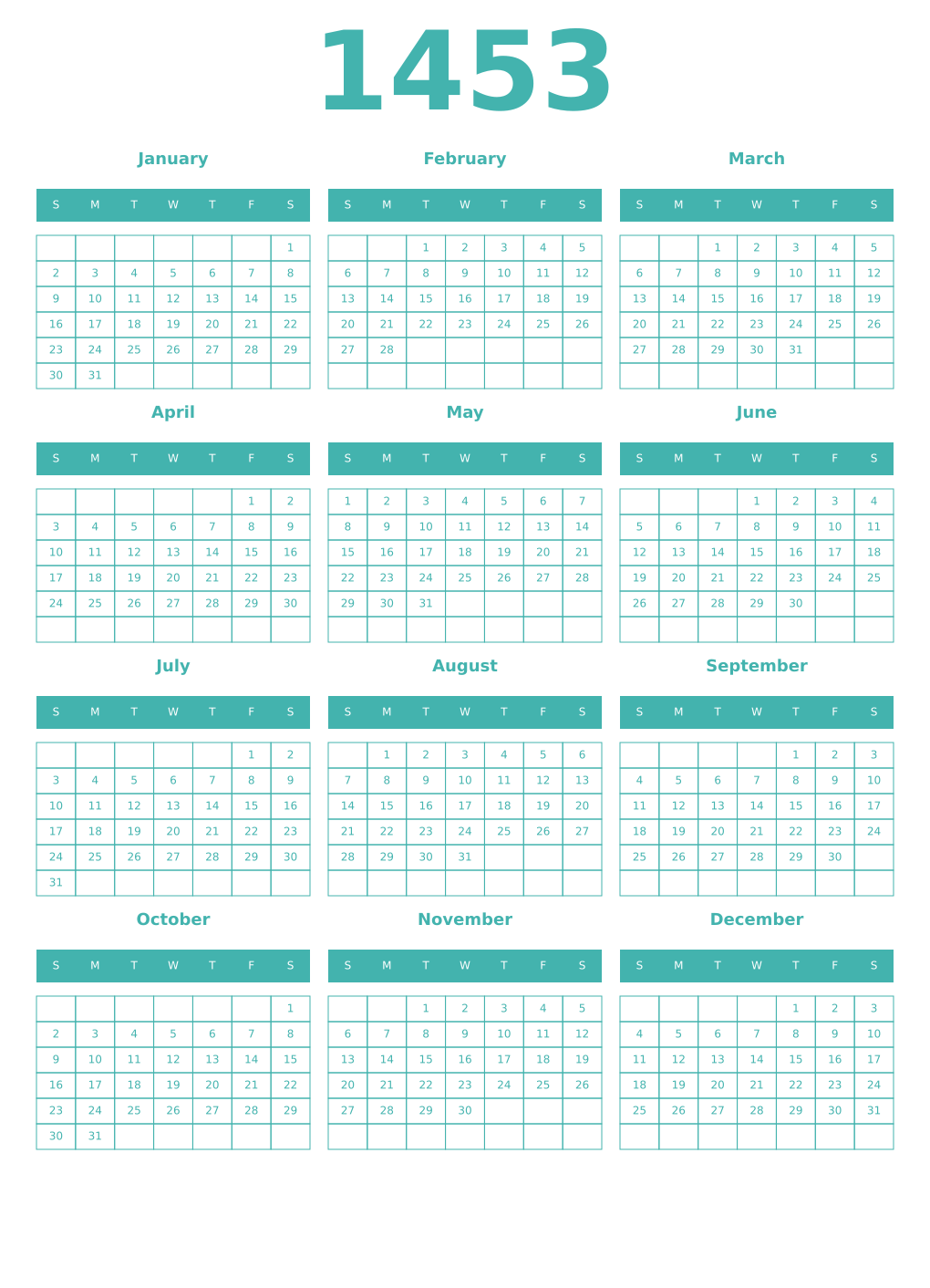 Printable 1453 Year Calendars verdigris