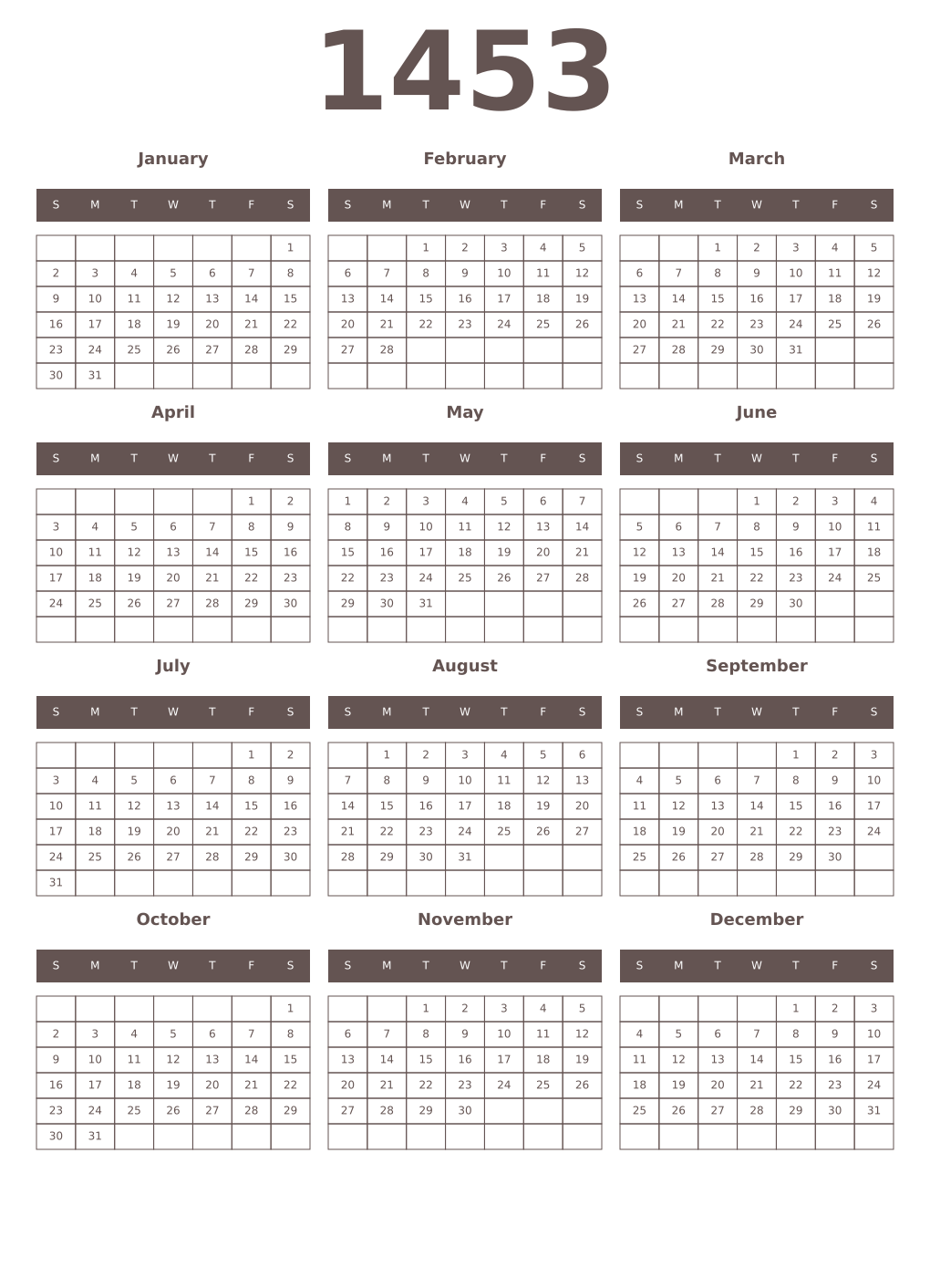 Printable 1453 Year Calendars wenge