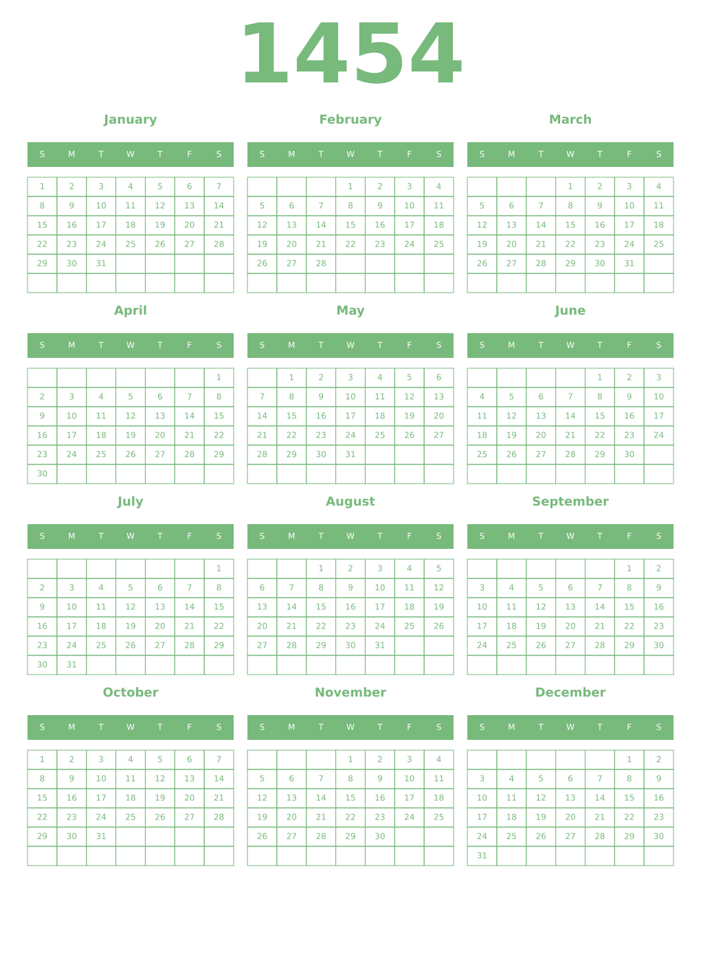 Printable 1454 Year Calendars celadon