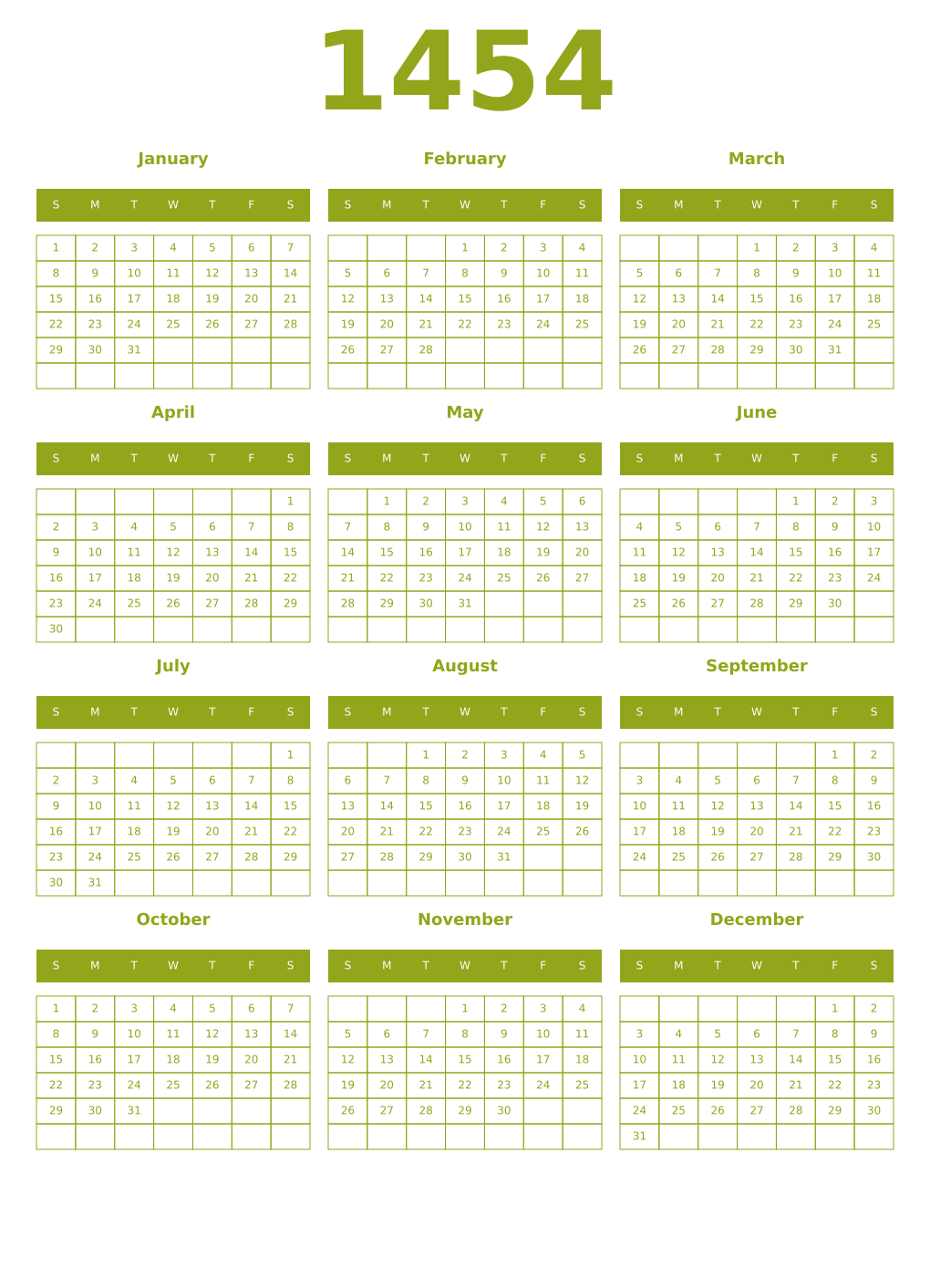 Printable 1454 Year Calendars chartreuse