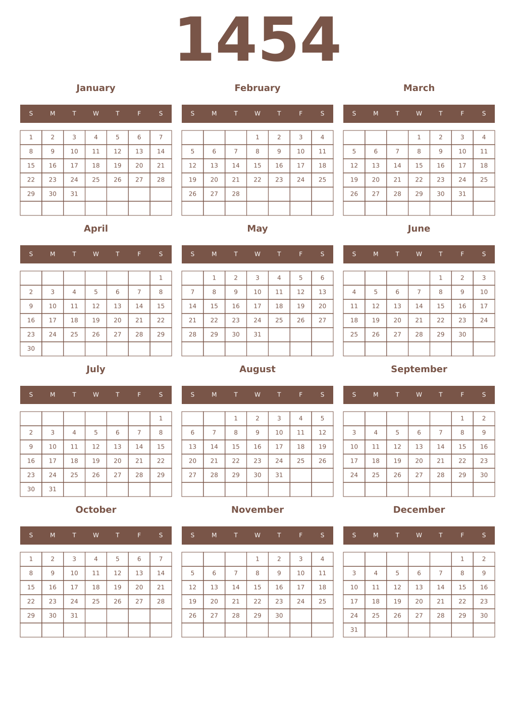 Printable 1454 Year Calendars coffe