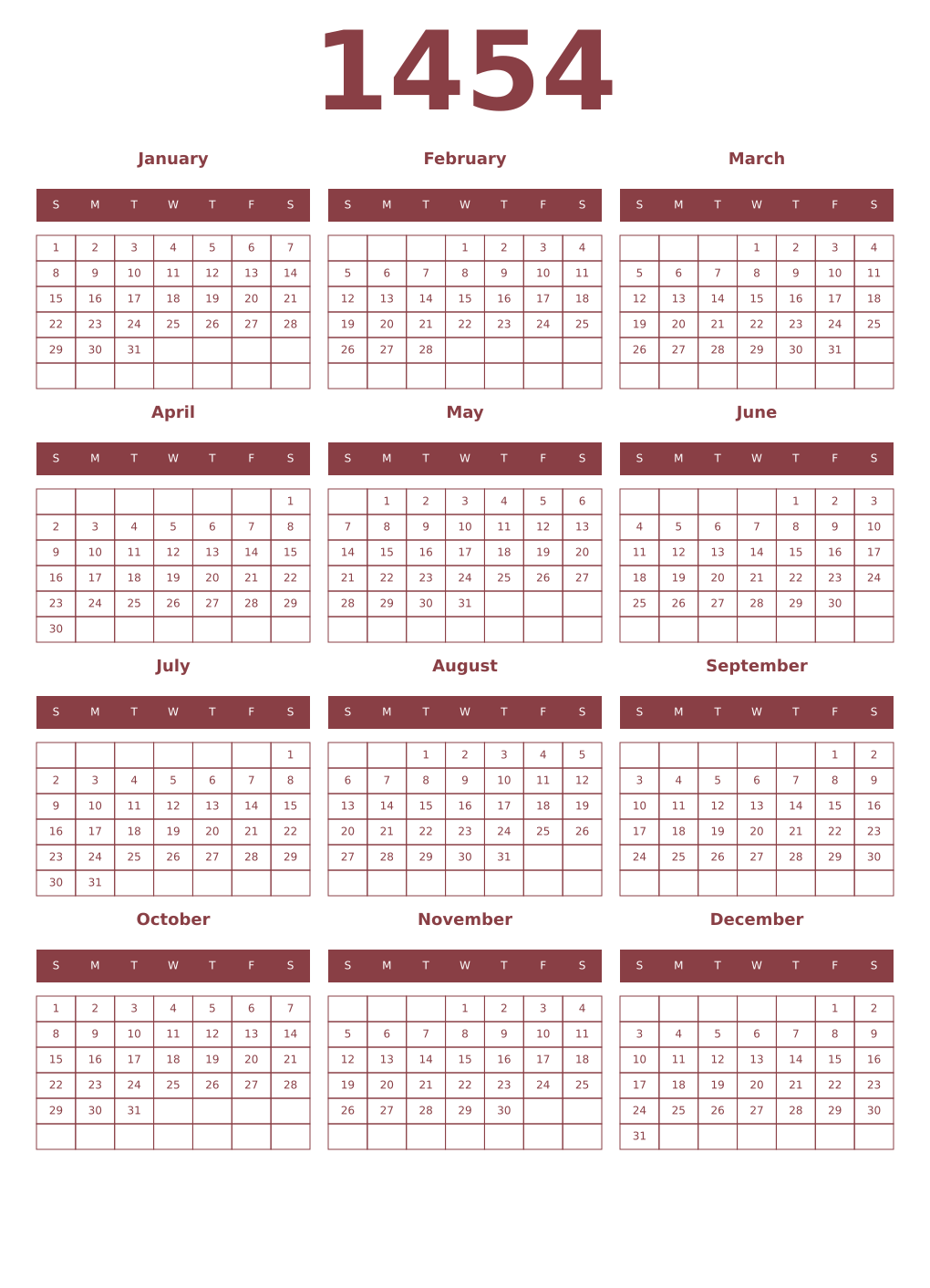 Printable 1454 Year Calendars cordovan
