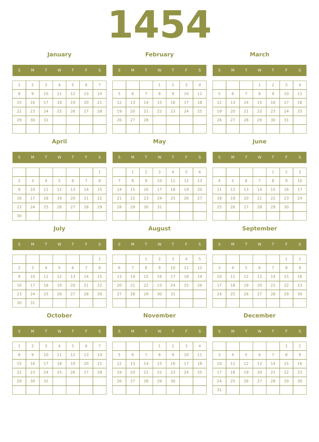 Printable 1454 Year Calendars eburnean
