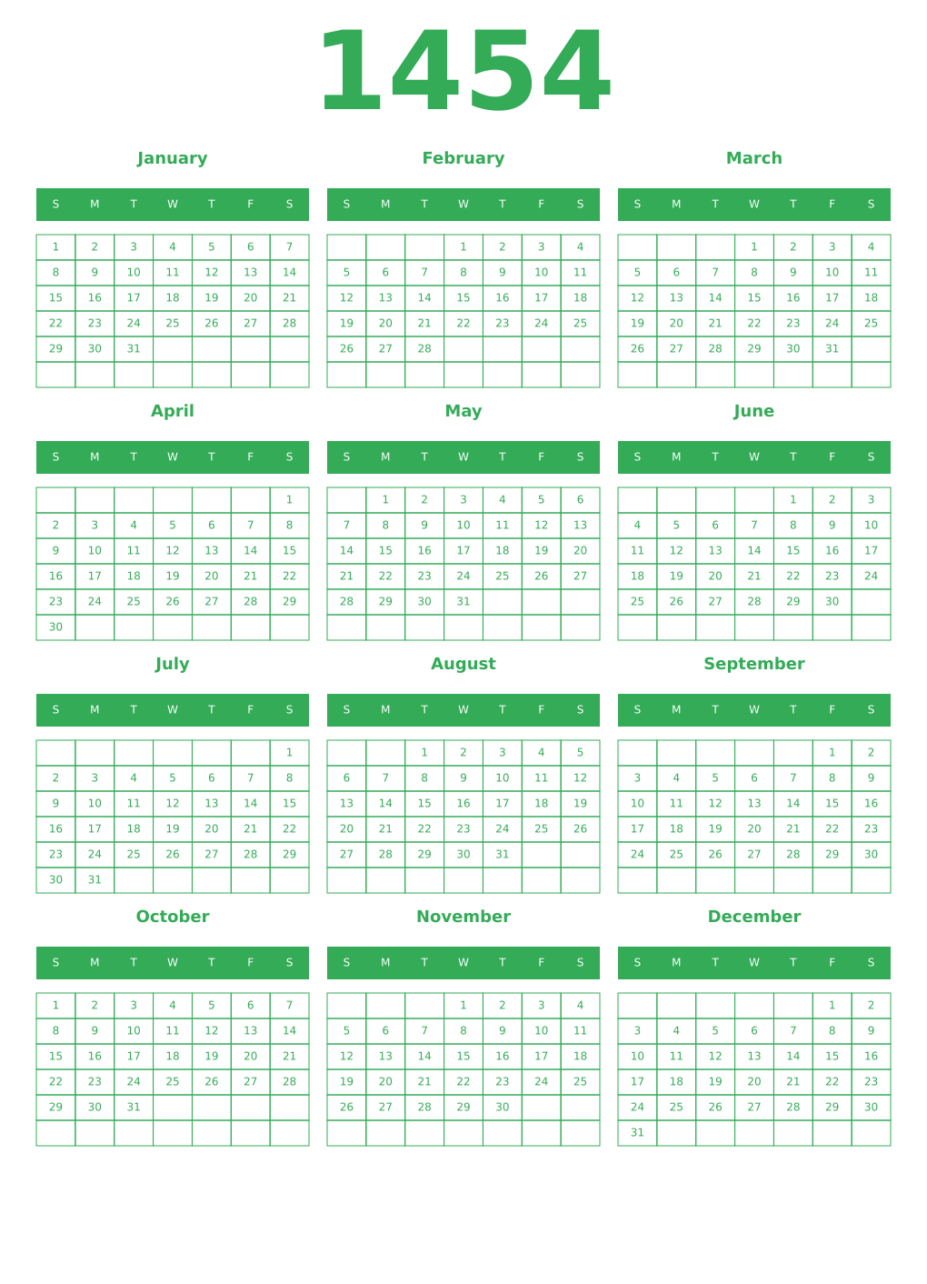 Printable 1454 Year Calendars green