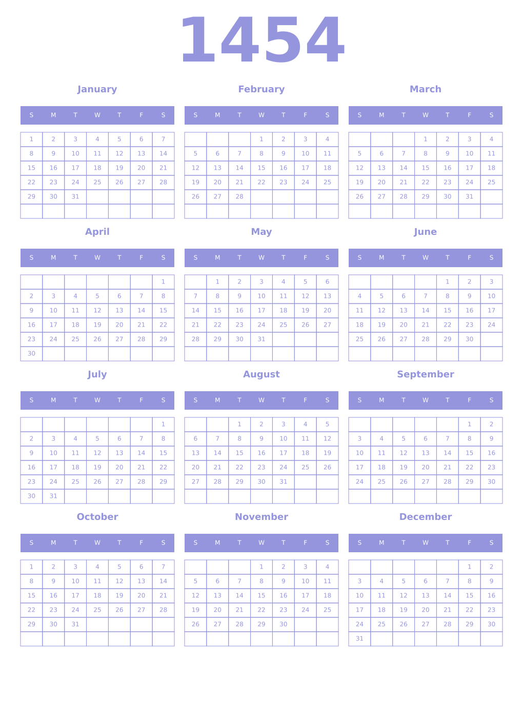 Printable 1454 Year Calendars periwinkle