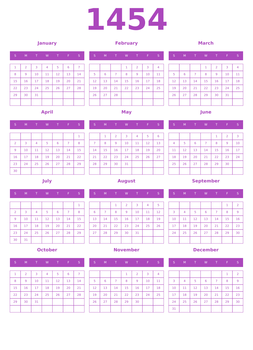 Printable 1454 Year Calendars purple