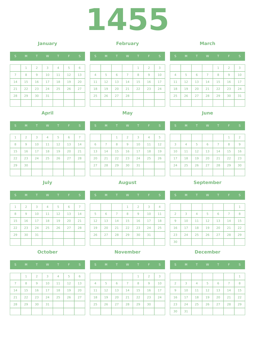 Printable 1455 Year Calendars celadon