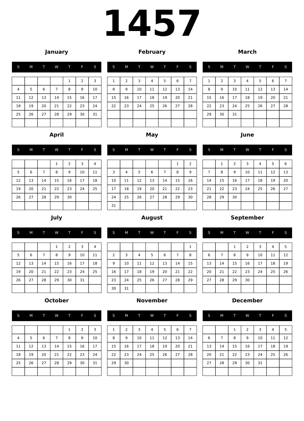 Printable 1457 Year Calendars black