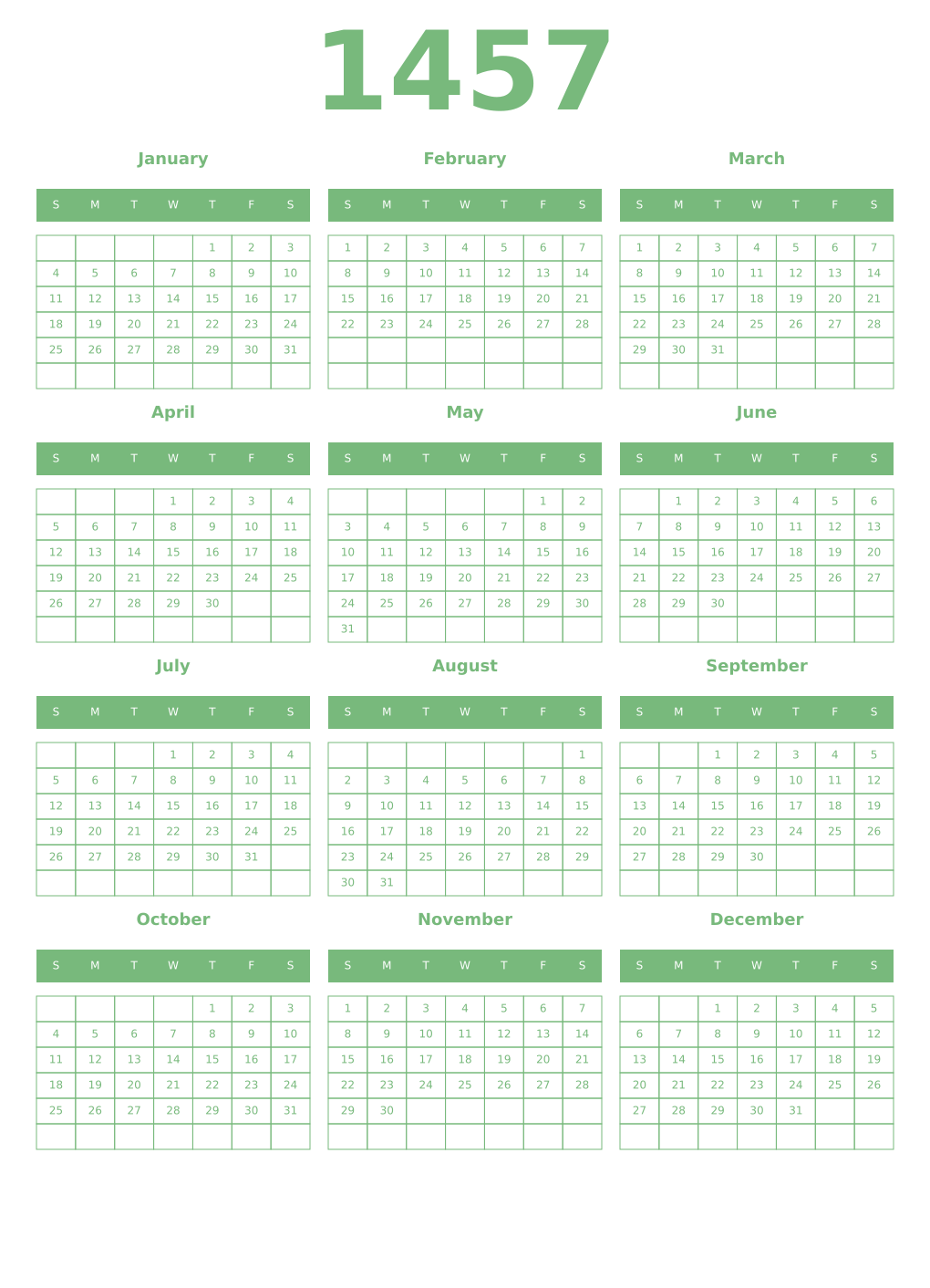 Printable 1457 Year Calendars celadon