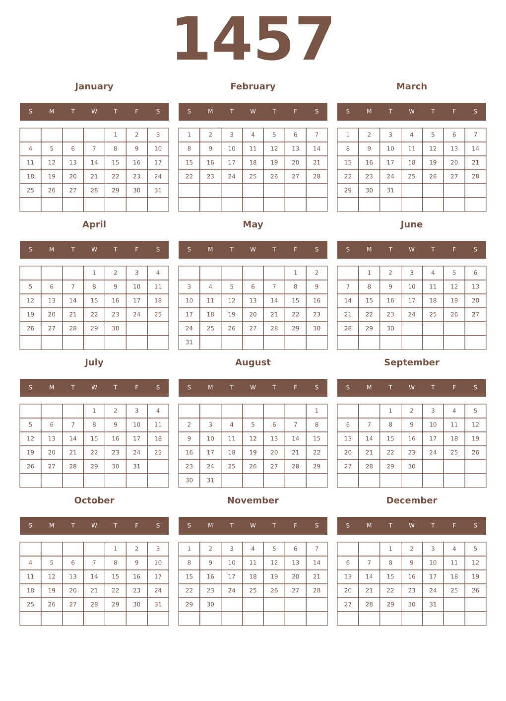 Printable 1457 Year Calendars coffe
