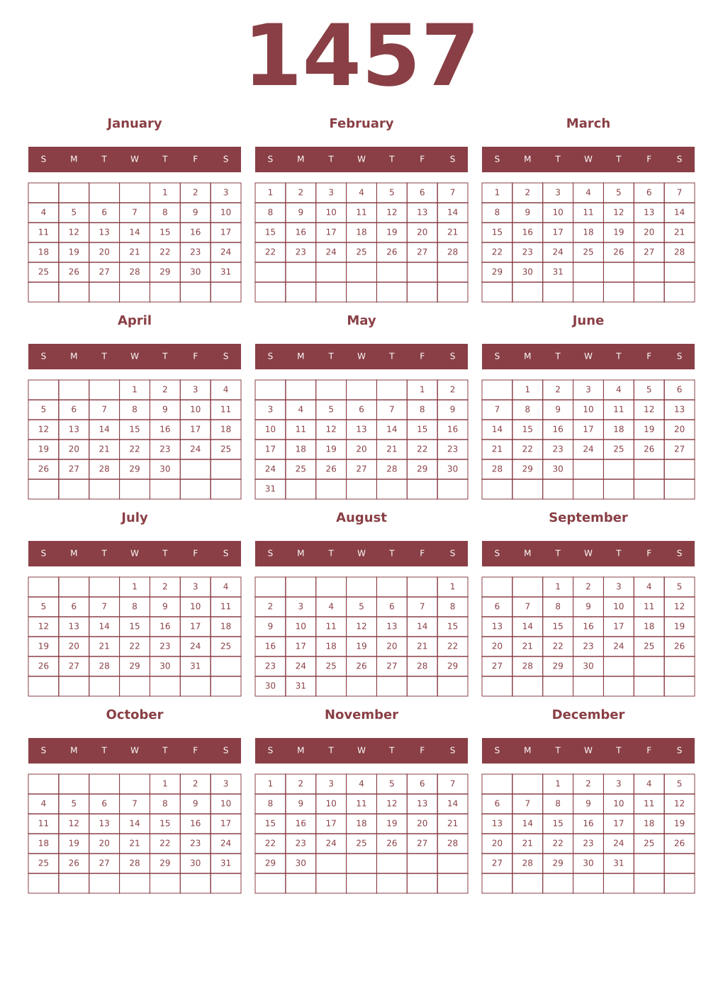 Printable 1457 Year Calendars cordovan