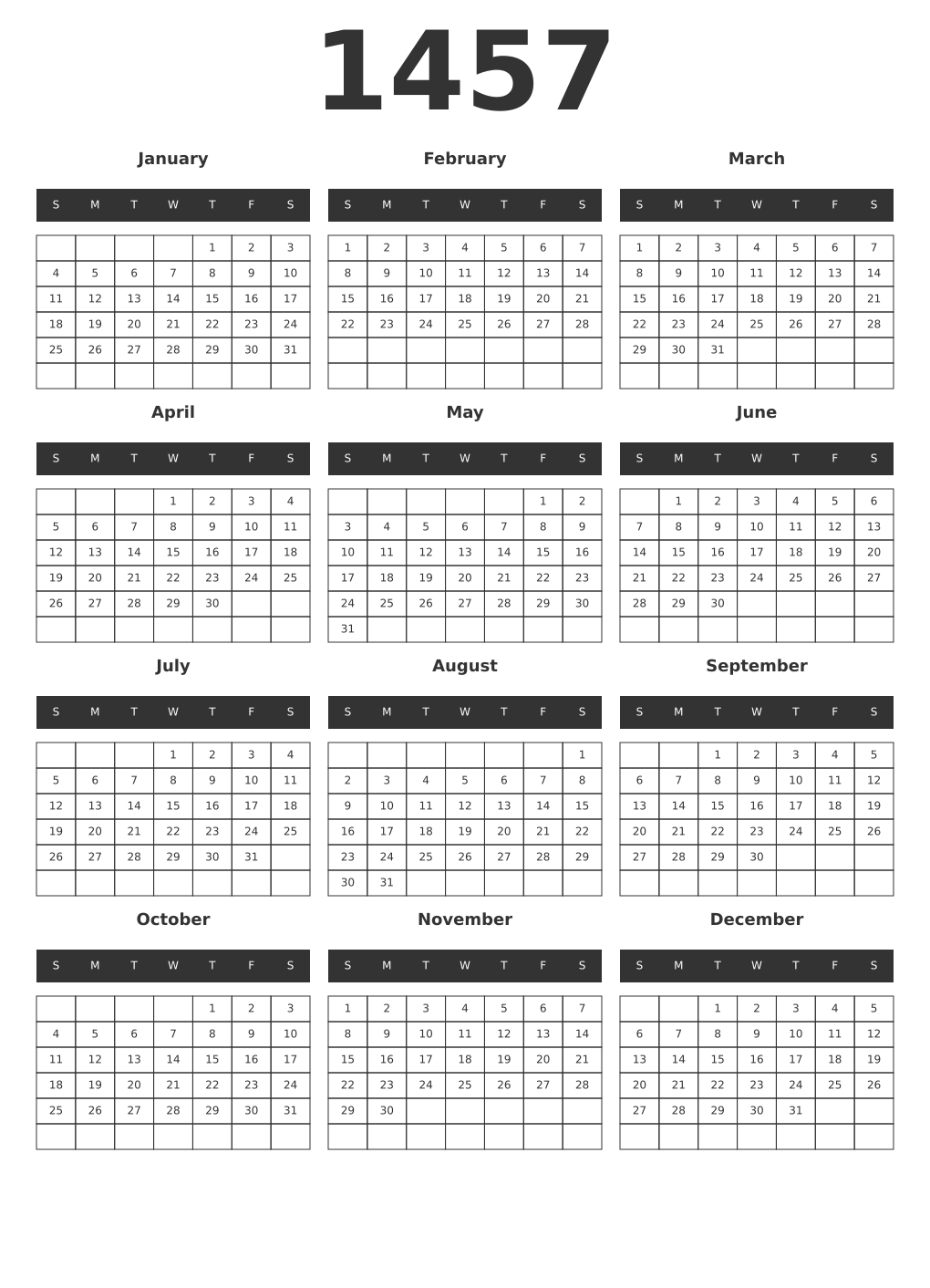 Printable 1457 Year Calendars dark