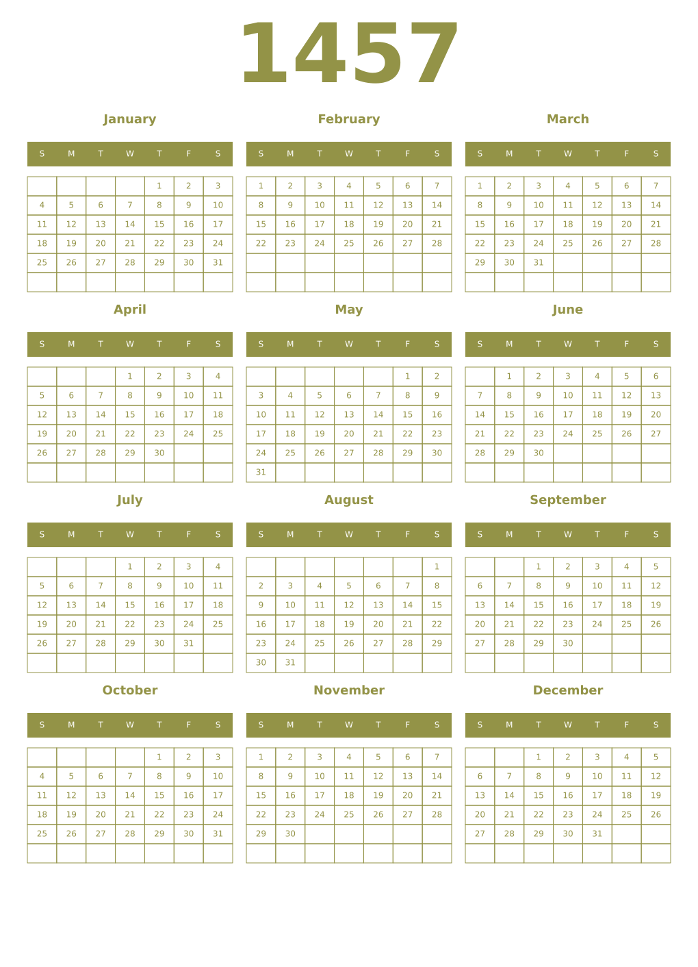 Printable 1457 Year Calendars eburnean