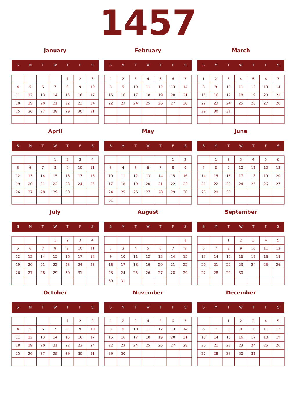 Printable 1457 Year Calendars falu