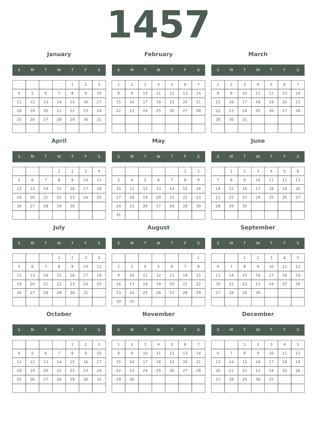 Printable 1457 Year Calendars feldgrau