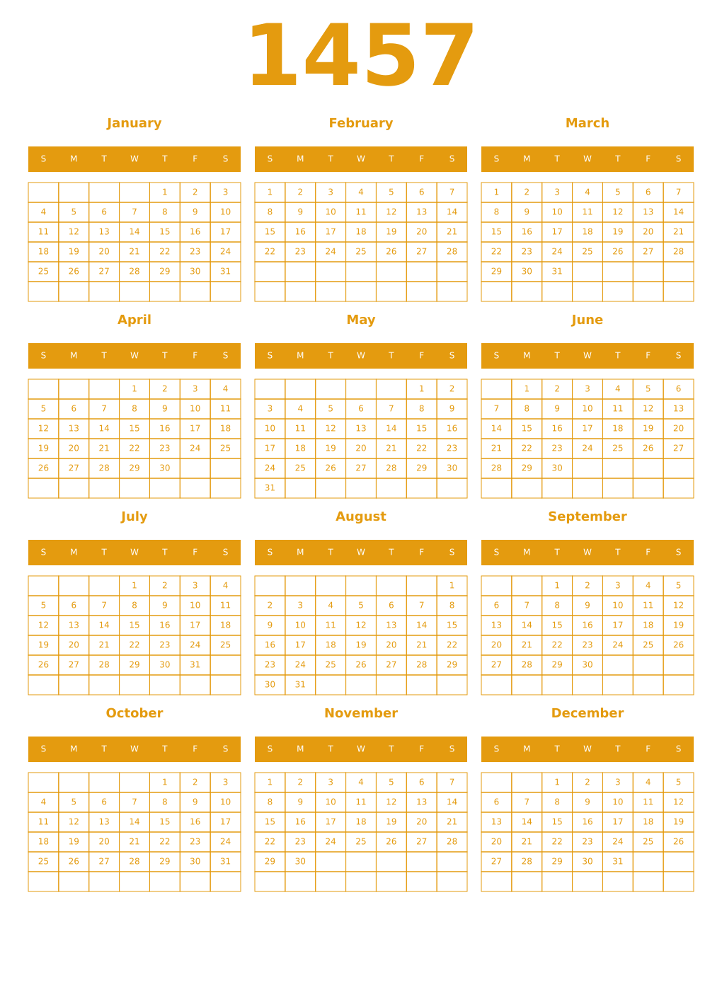 Printable 1457 Year Calendars gamboge