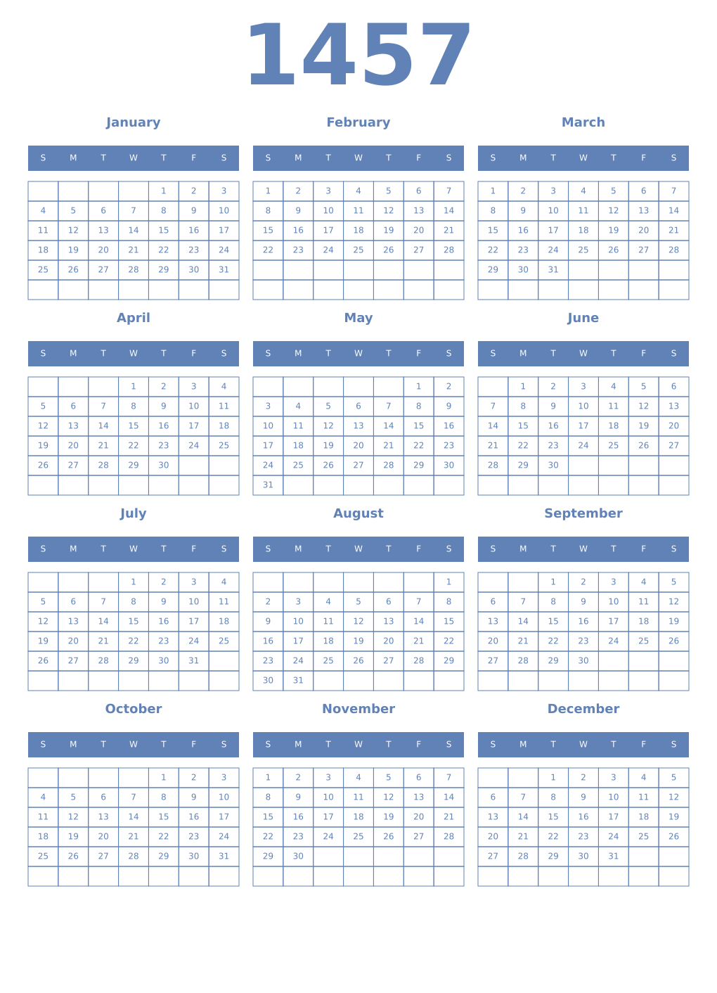 Printable 1457 Year Calendars glaucous