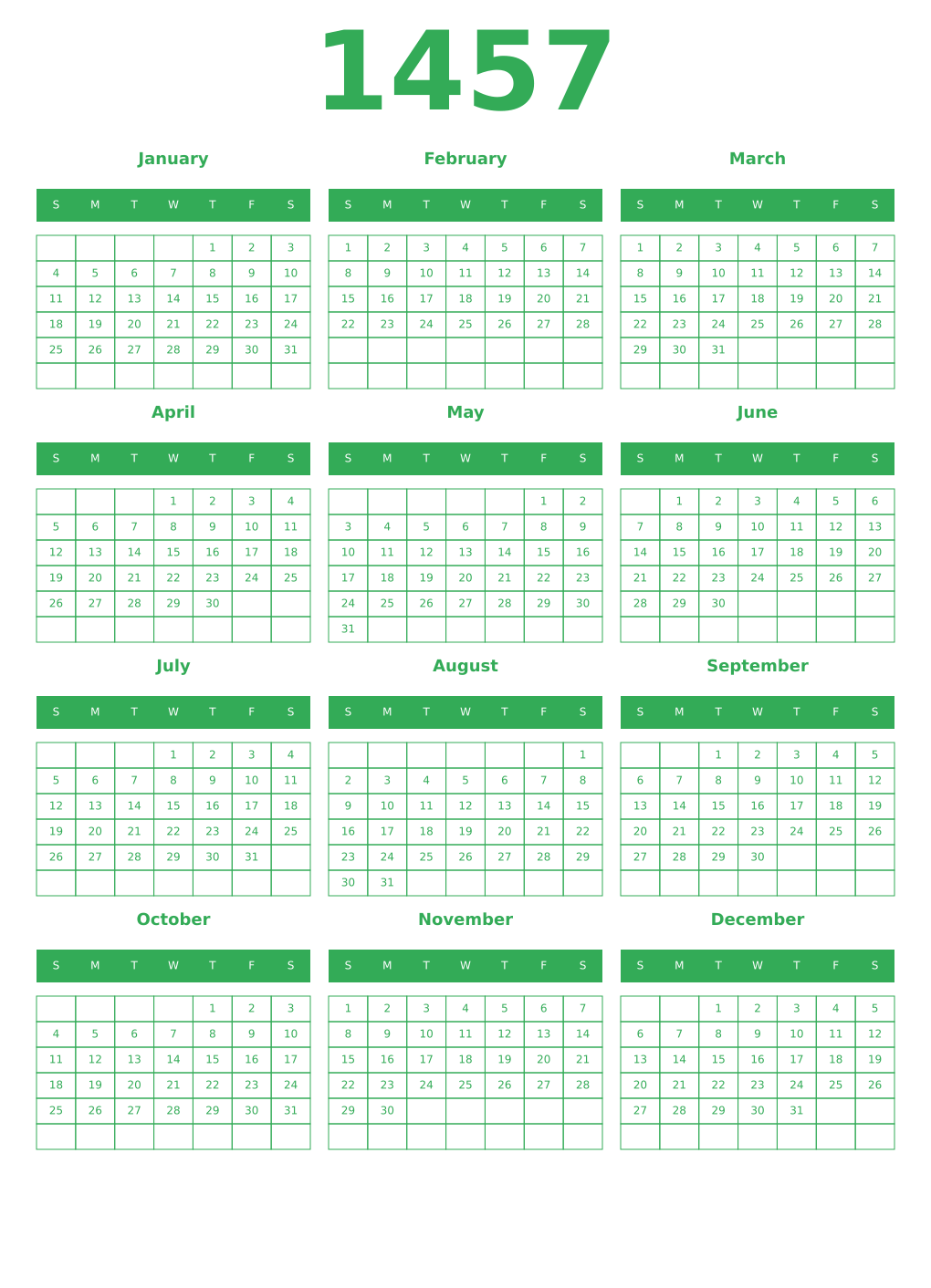 Printable 1457 Year Calendars green