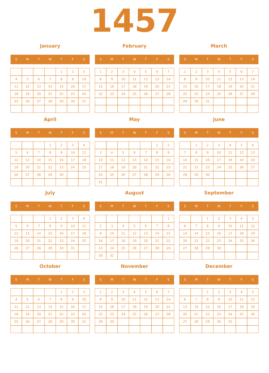 Printable 1457 Year Calendars orange