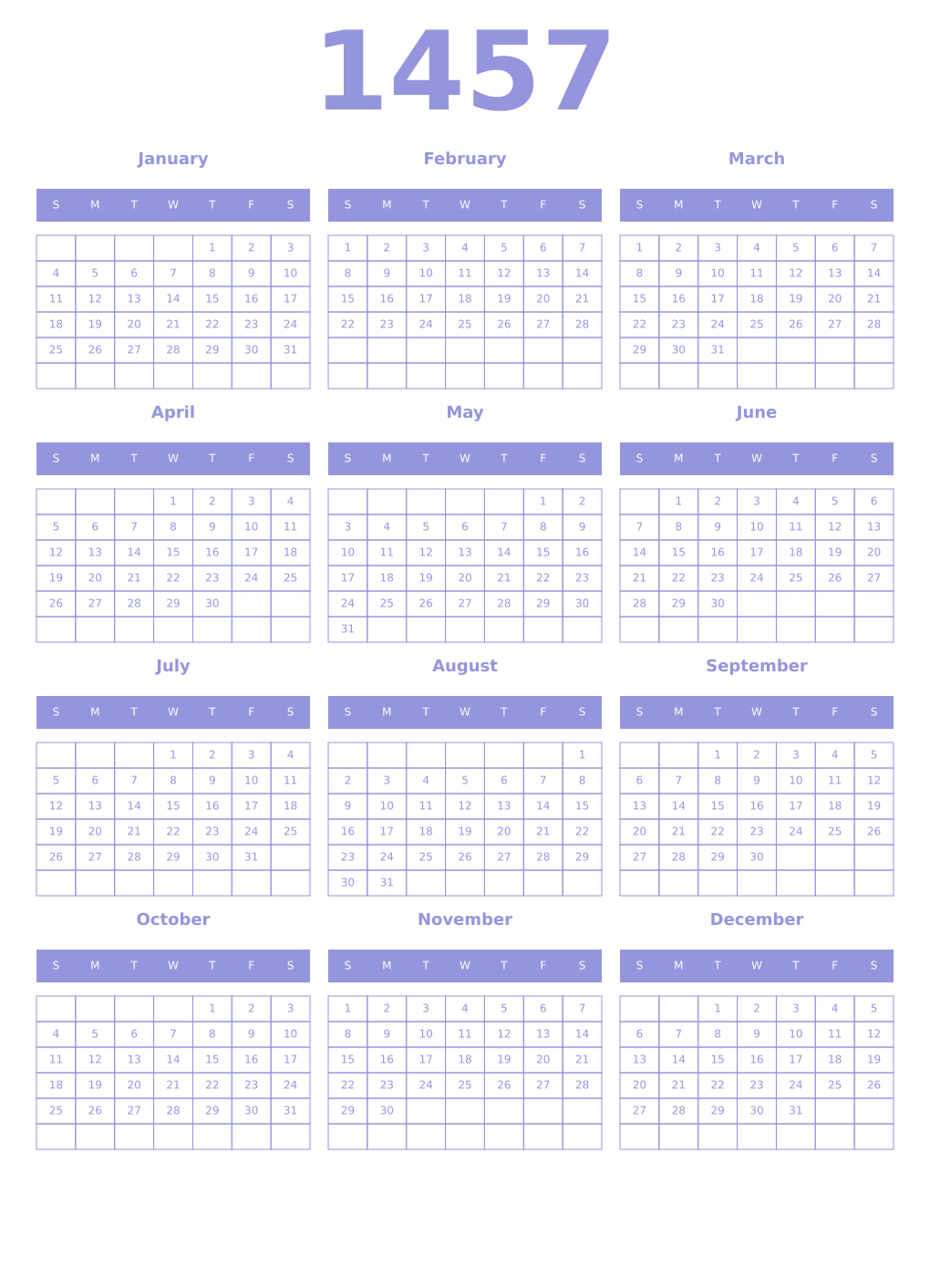 Printable 1457 Year Calendars periwinkle