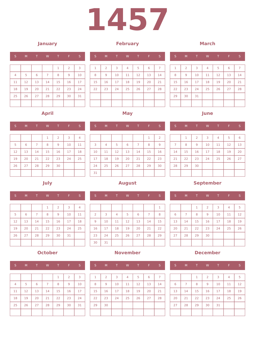 Printable 1457 Year Calendars puce