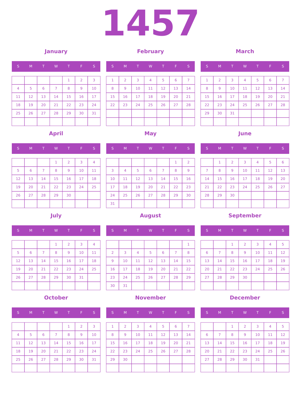 Printable 1457 Year Calendars purple