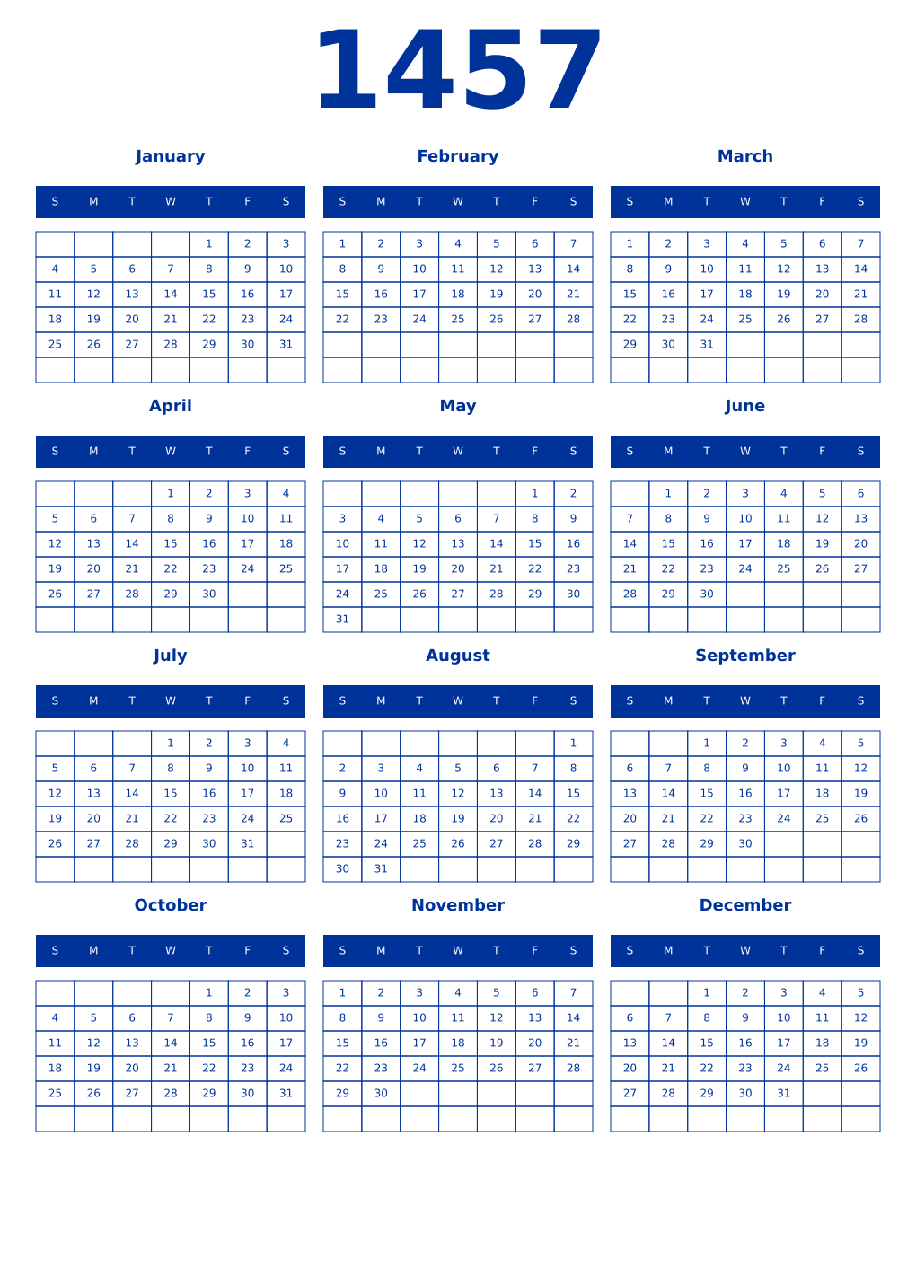 Printable 1457 Year Calendars smalt