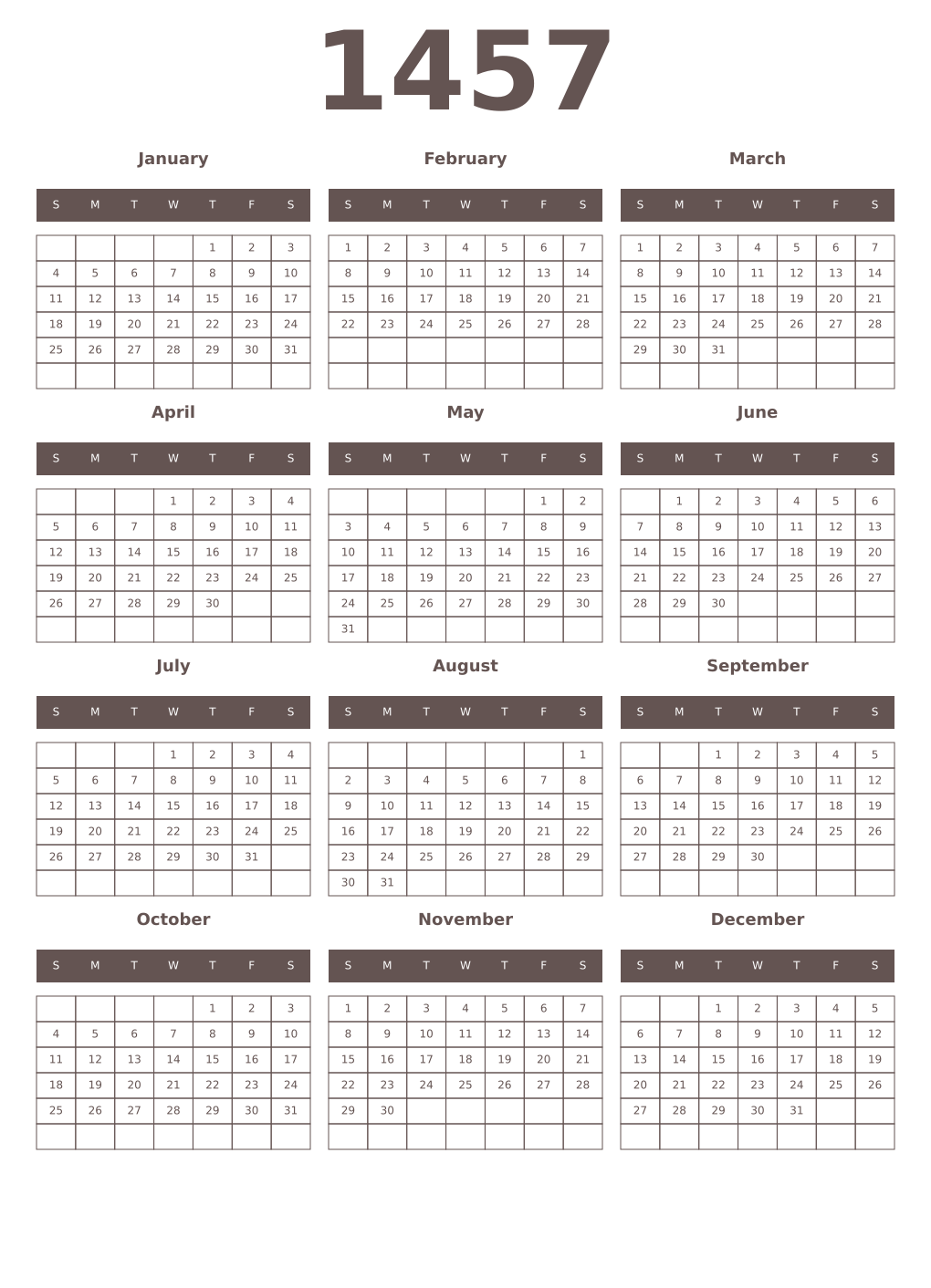 Printable 1457 Year Calendars wenge