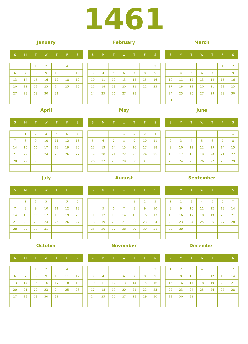 Printable 1461 Year Calendars chartreuse
