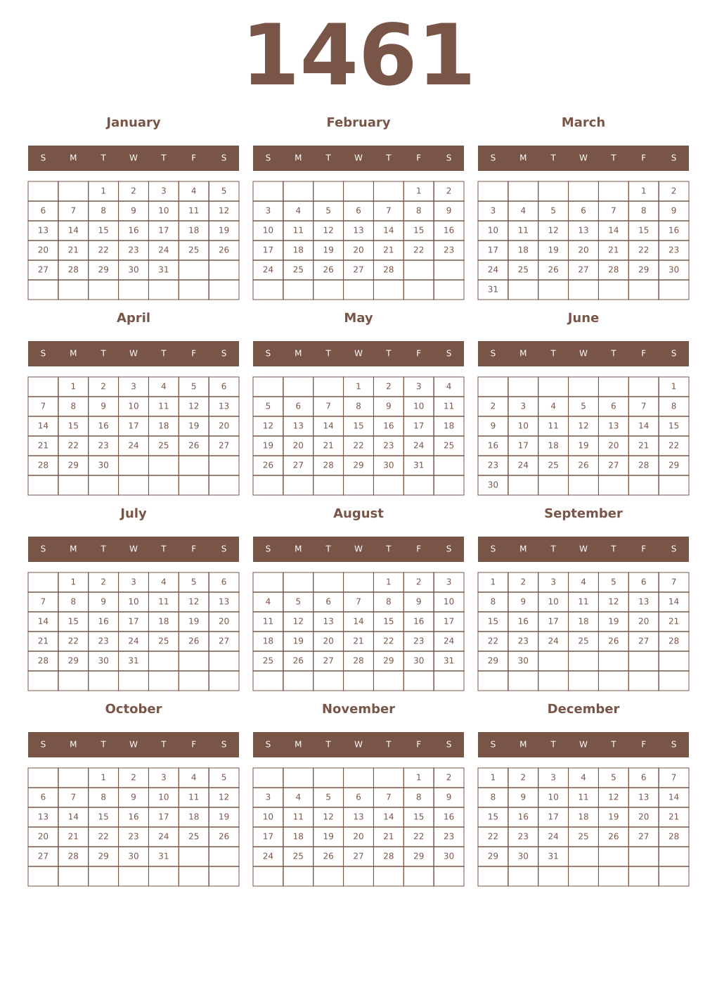 Printable 1461 Year Calendars coffe