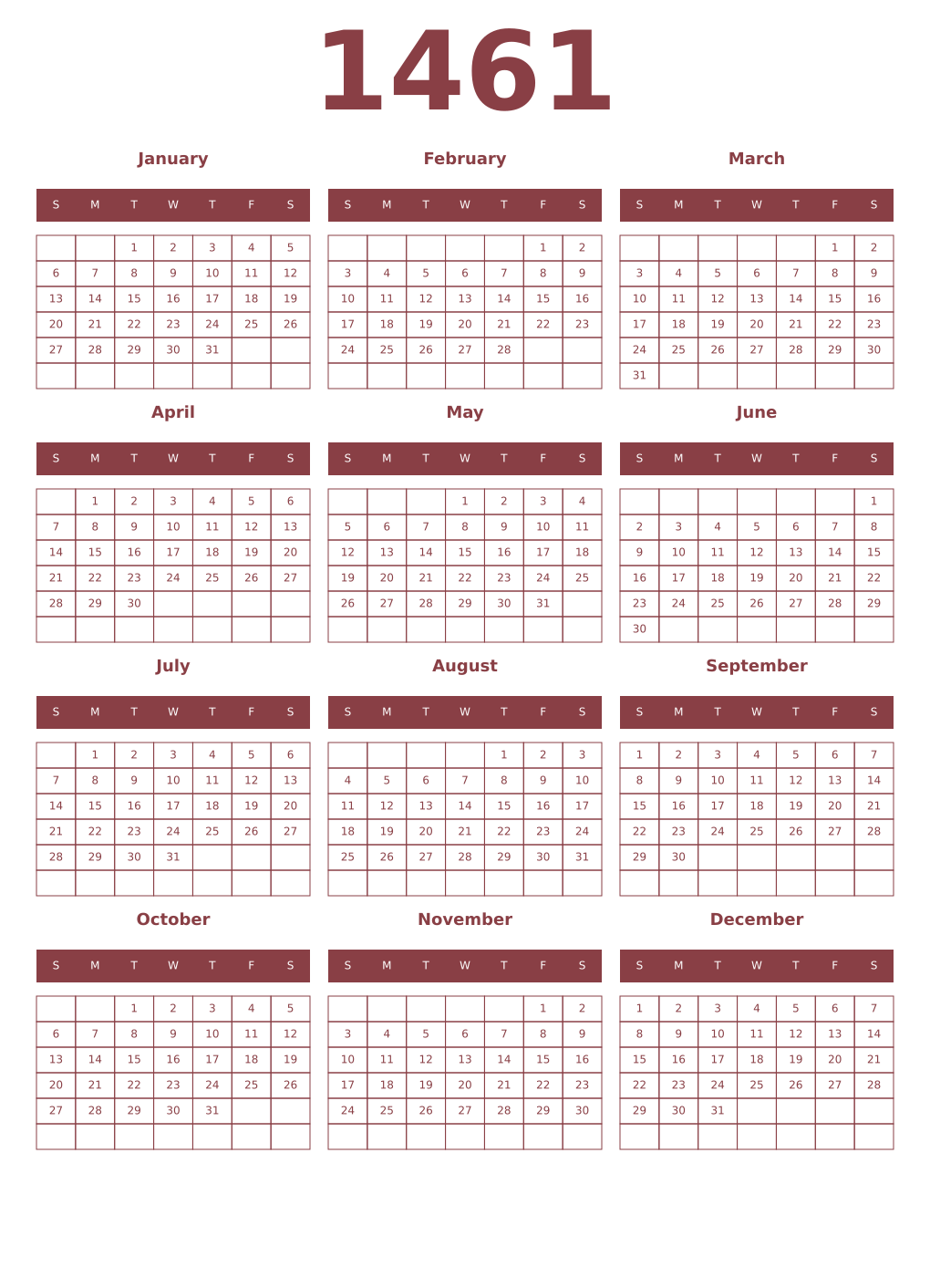 Printable 1461 Year Calendars cordovan