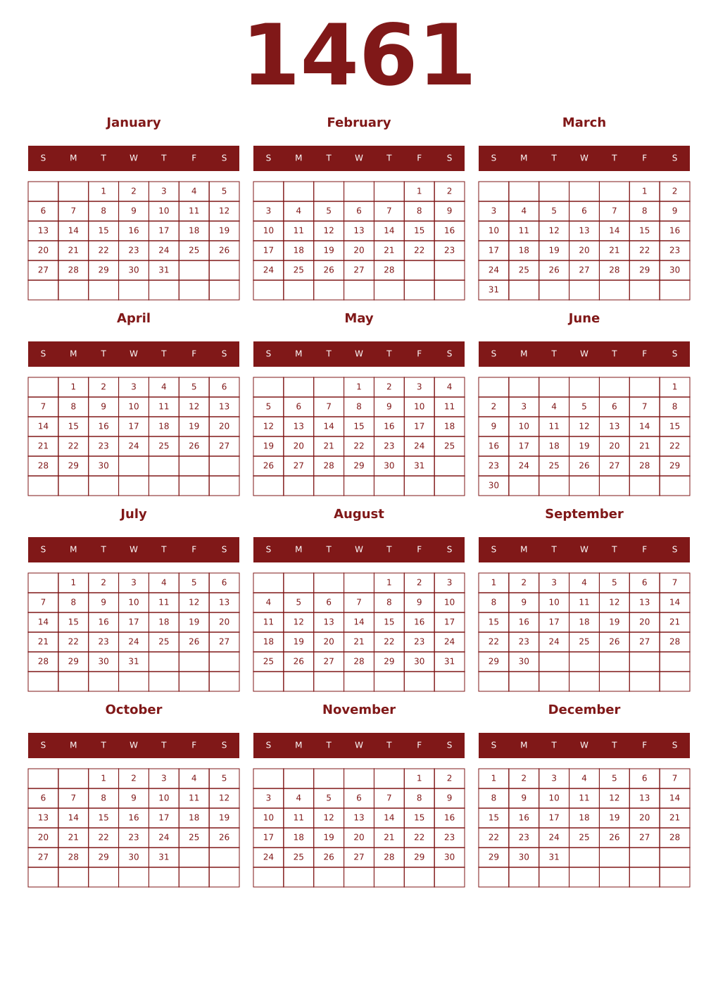 Printable 1461 Year Calendars falu