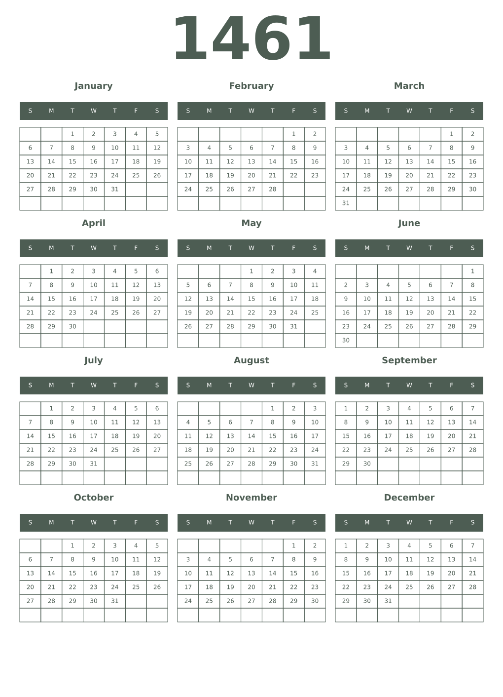 Printable 1461 Year Calendars feldgrau