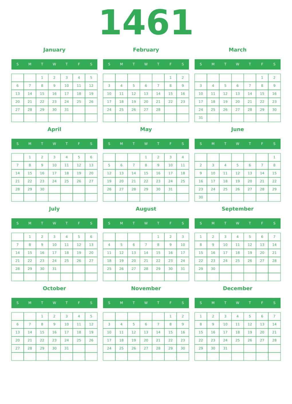 Printable 1461 Year Calendars green