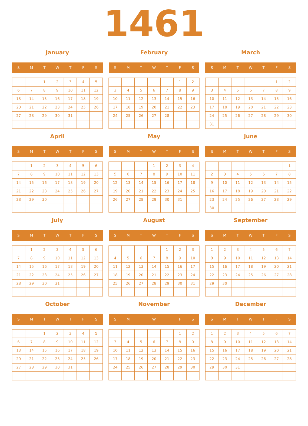 Printable 1461 Year Calendars orange