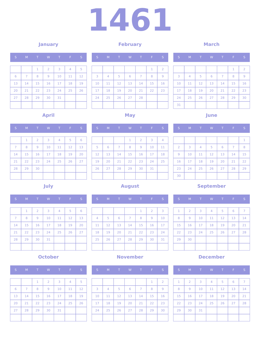 Printable 1461 Year Calendars periwinkle